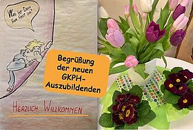 Das Bild zeigt ein Herzlich Willkommen mit einem Blumengruß zum Ausbildungsstart der neuen Ausbildung zur Gesundheits- und Krankenpflegehelferin