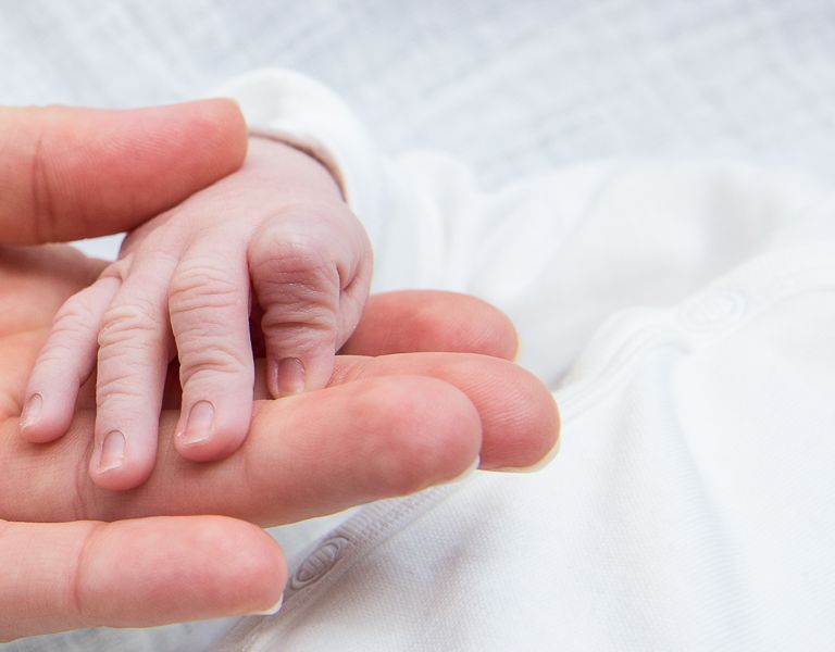Das Bild zeigt die Hand eines Neugeborenen in der Hand eines Erwachsenen