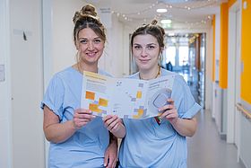 Das Bild zeigt zwei Pflegefachkräfte mit einem Flyer in den Händen.