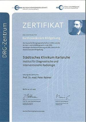 Das PDF zeigt das Zertifikat der Deutschen Röntgengesellschaft zur kardiovaskulären Bildgebung