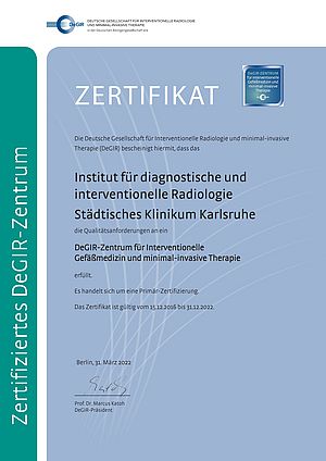 Das Bild zeigt das Zertifikat DeGIR-Zentrums für Interventionelle Gefäßmedizin und minimal-invasive Therapie